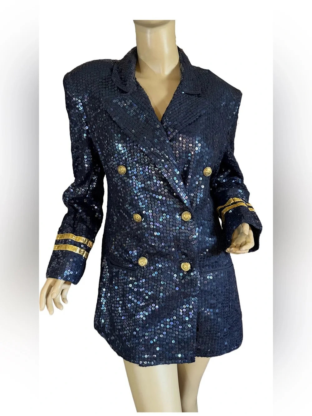 VINTAGE 1980'S LEW MAGRAM BLUE & GOLD NAUTICAL THEME SEQUIN BLAZER (L)